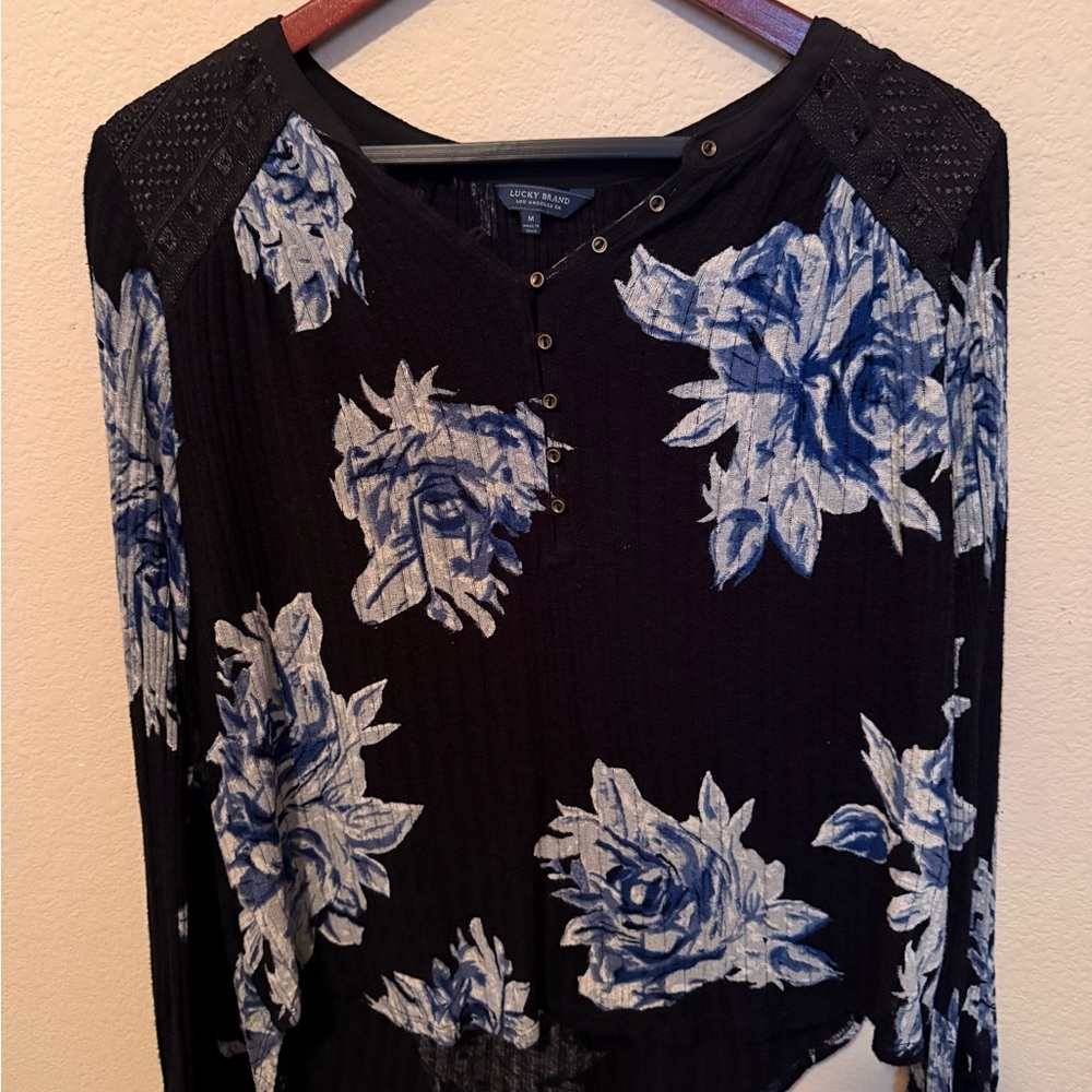Lucky Brand Black Long-Sleeve Henley with Blue Floral Print